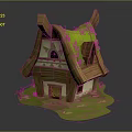 Cartoon Scene Featuring A Small Wooden House With Green Mossy Roof And Grass