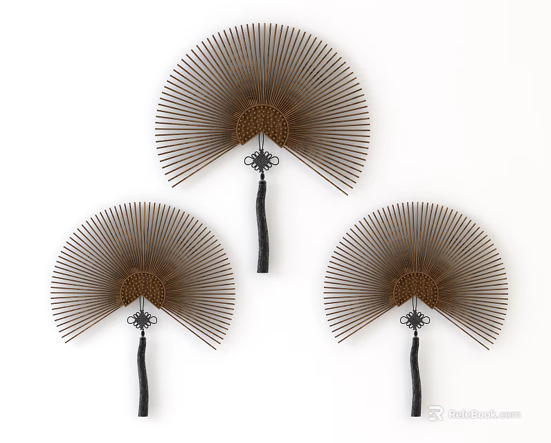 Three Brown Fan Shaped Wall Hangings With Black Handles For Home Decor 3d model 