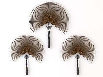 Three Brown Fan Shaped Wall Hangings With Black Handles For Home Decor 3d model