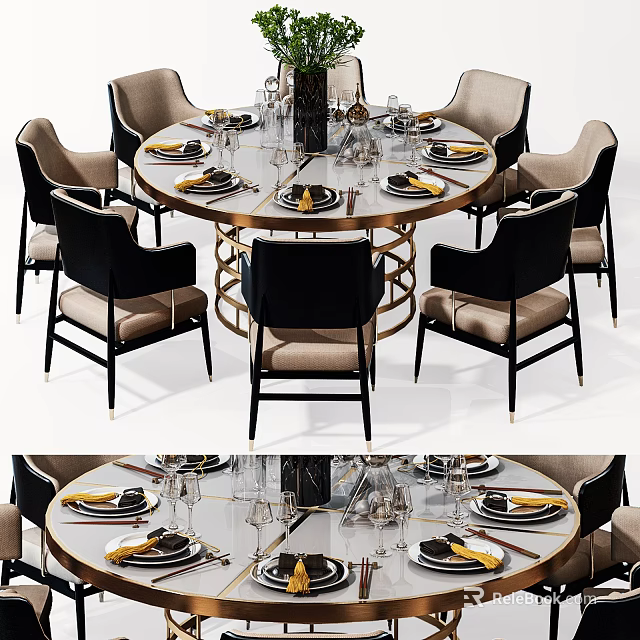 Elegant Round Dining Table Set With Chairs And Tableware Decor 3d model 
