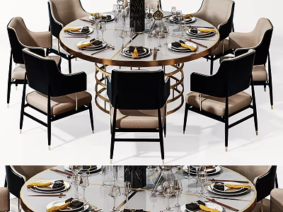 Elegant Round Dining Table Set With Chairs And Tableware Decor 3d model