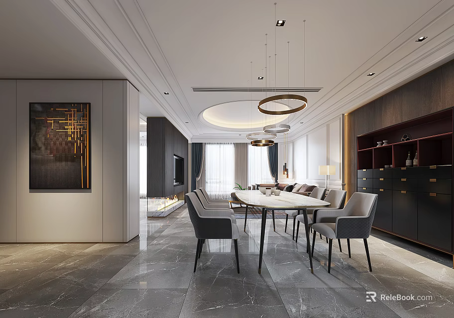 Modern Restaurant Interior With Dining Table Chairs Pendant Lights Wine Cabinet And Artwork 3d model 