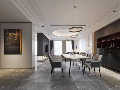 Modern Restaurant Interior With Dining Table Chairs Pendant Lights Wine Cabinet And Artwork 3d model