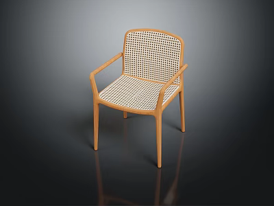 Modern Leisure Chair With Wooden Frame Woven Rattan Backrest And Striped Cushion 3d model