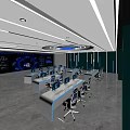 Modern Monitoring Room Interior Design With Control Desks Computer Monitors And Blue Chairs