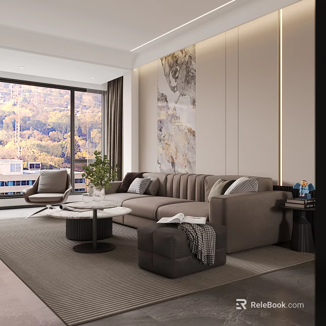 Modern Living And Dining Area With Large Windows Mountain View Gray Sofa Round Coffee Table 3d model