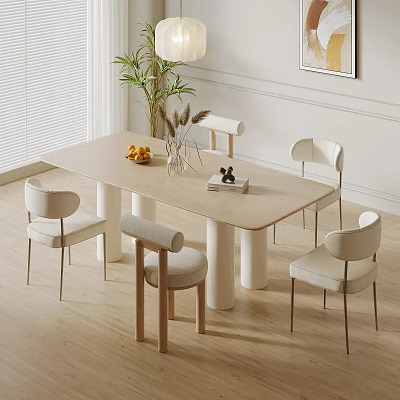 Modern Light Wood Dining Table Set With 4 Chairs And Flower Vase In Dining Area 3d model