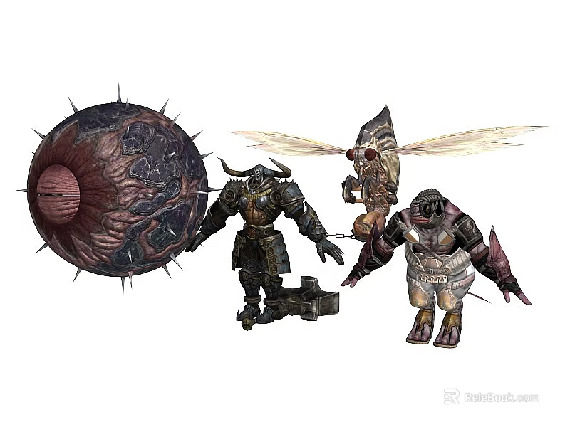 Game Movie Characters Featuring Spiked Orb Bull Armored Figure Winged Mechanical And Samurai Warrior 3d model 