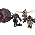 Game Movie Characters Featuring Spiked Orb Bull Armored Figure Winged Mechanical And Samurai Warrior