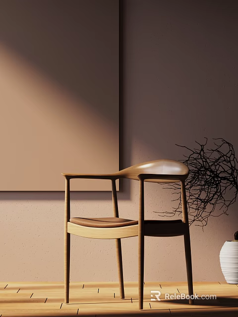 Modern Minimalist Wooden Single Chair With Armrest And Light Brown Wall Background 3d model 