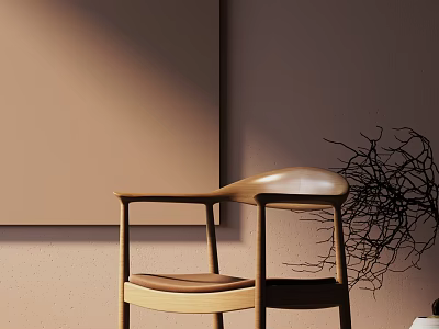 Modern Minimalist Wooden Single Chair With Armrest And Light Brown Wall Background 3d model