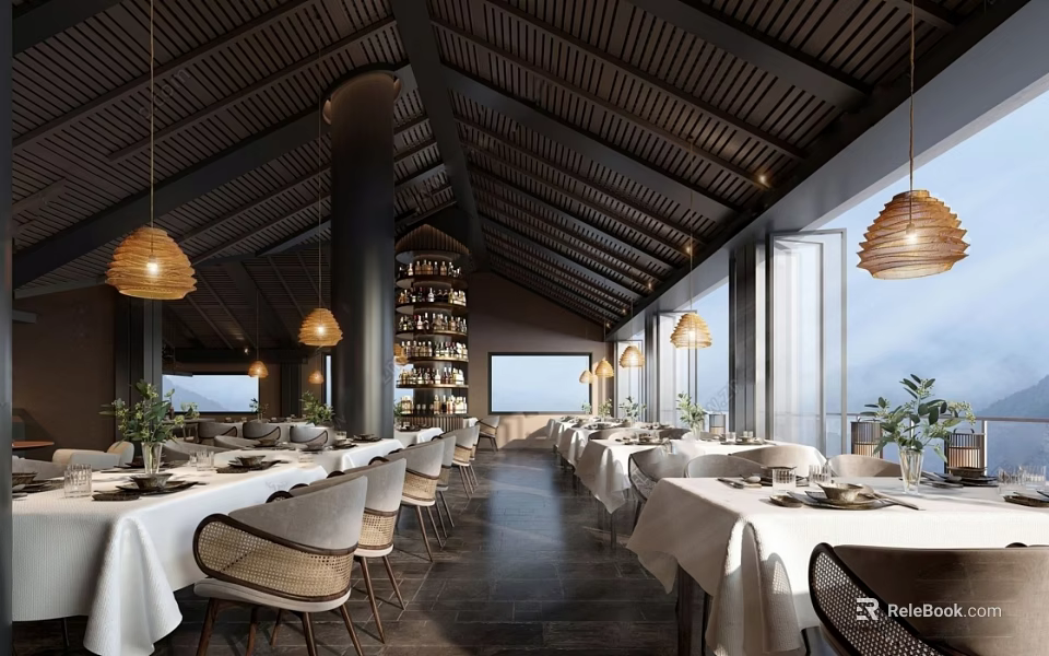 Banquet Hall Interior With Dark Wooden Ceiling Lantern Lights Woven Chairs And Large Windows 3d model 