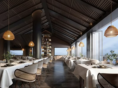Banquet Hall Interior With Dark Wooden Ceiling Lantern Lights Woven Chairs And Large Windows 3d model