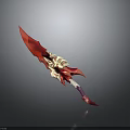 Ornate Red Fantasy Weapon With Golden Decorative Hilt And Sharp Blade Design