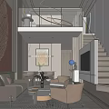 Elegant Modern Apartment Interior With Open Living Room Sofa Coffee Table Artwork Staircase and Hanging Light
