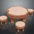 Natural Wooden Tree Stump Shaped Dining Table Set with Matching Stools and Organic Texture