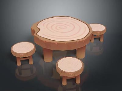 Natural Wooden Tree Stump Shaped Dining Table Set with Matching Stools and Organic Texture 3d model