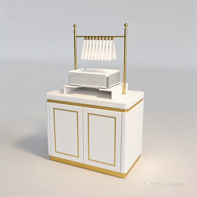 Luxury White Display Counter Shelf With Gold Trim For Buffet Tableware And Napkin Storage 3d model 
