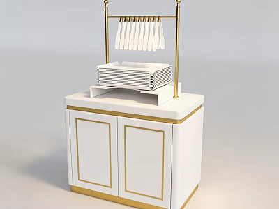 Luxury White Display Counter Shelf With Gold Trim For Buffet Tableware And Napkin Storage 3d model