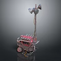 Industrial Mechanical Device With Multiple Horns And Red Engine Components