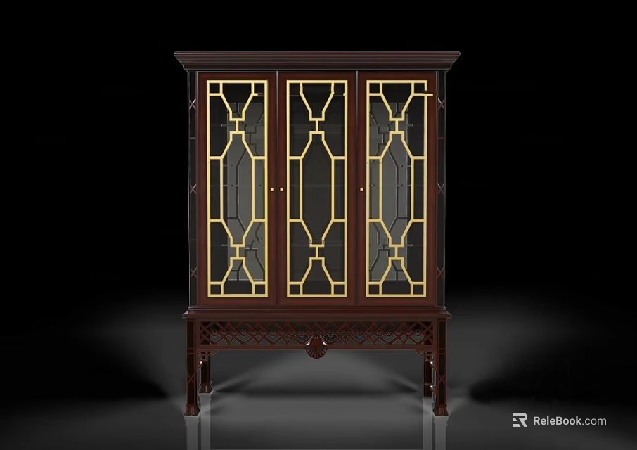 Elegant Dark Wood Wine Cabinet With Glass Doors And Gold Geometric Patterns On Carved Base 3d model 