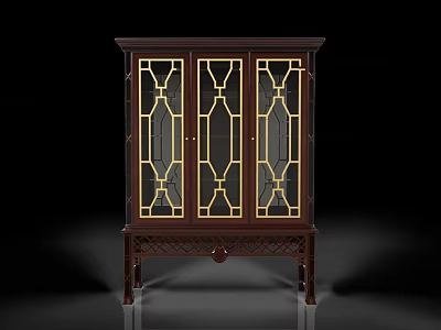Elegant Dark Wood Wine Cabinet With Glass Doors And Gold Geometric Patterns On Carved Base 3d model