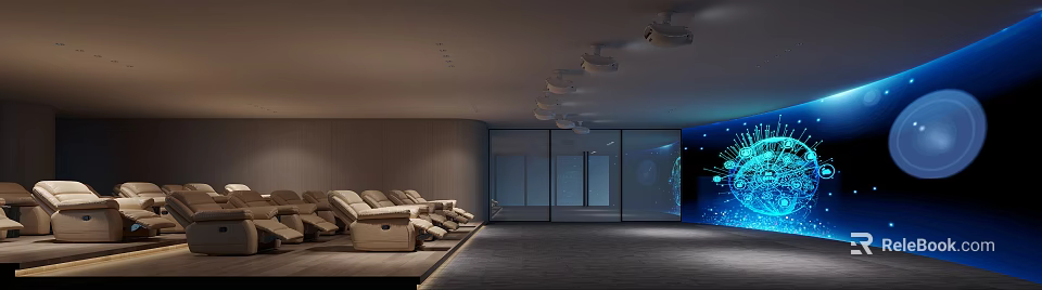 Modern Home Theater Room Design With Comfortable Recliner Seats Projector Equipment And Glass Partitions 3d model 