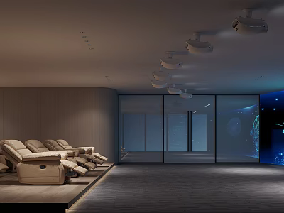 Modern Home Theater Room Design With Comfortable Recliner Seats Projector Equipment And Glass Partitions 3d model