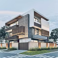 Modern Detached Villa With Layered Design Balcony Brick Exterior And Green Trees