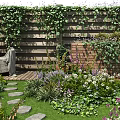 Courtyard Garden With Wooden Fence Covered In Ivy Stone Stepping Path And Lush Greenery