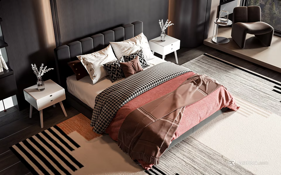 Double Bed with Dark Headboard Pillows Red Brown Blanket and White Nightstands Vases on Rug 3d model 