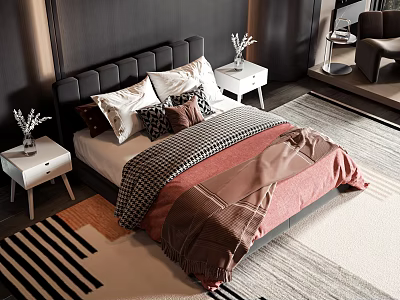 Double Bed with Dark Headboard Pillows Red Brown Blanket and White Nightstands Vases on Rug 3d model