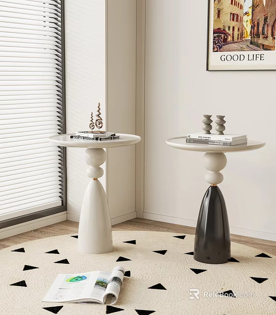 Modern White and Black Side Tables with Sculptural Bases and Decorative Books 3d model 