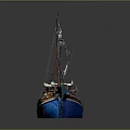 Traditional Wooden Water Transport Boat With Blue Hull Brown Upper Structure Masts Ropes