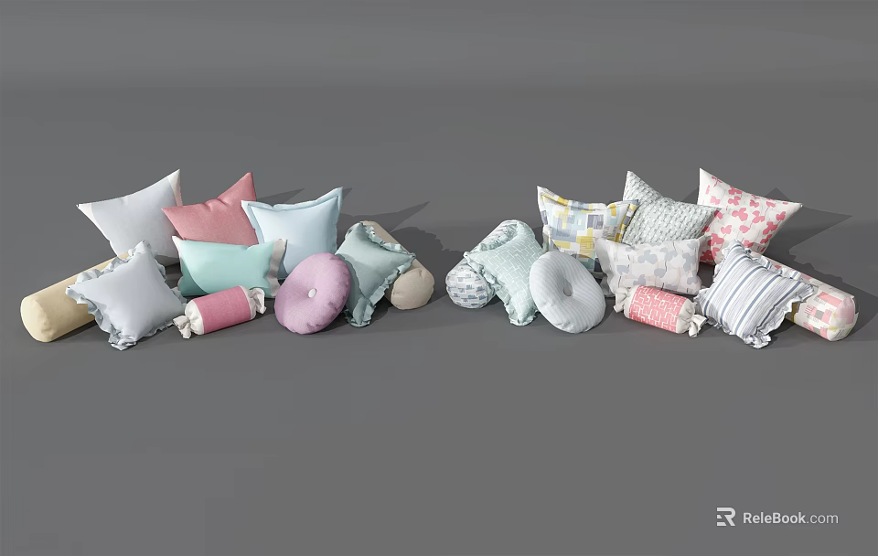 Colorful Decorative Throw Pillows with Various Patterns and Soft Textures 3d model