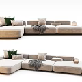 Modern L Shaped Beige Fabric Sectional Sofa With Throw Pillows And Blanket 3d model