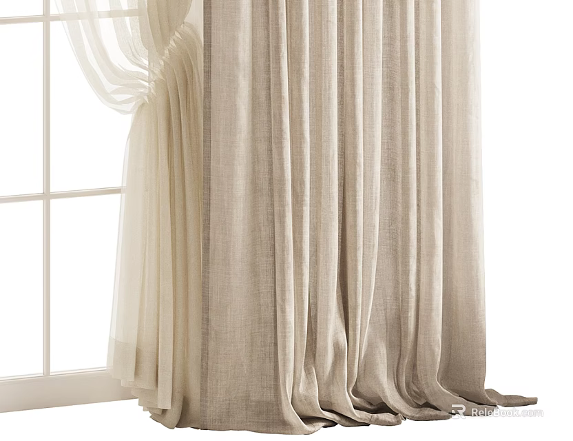Beige Linen Curtains Hanging By White Window Frame With Draped Design 3d model 
