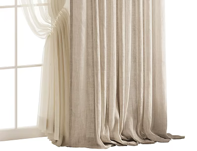 Beige Linen Curtains Hanging By White Window Frame With Draped Design 3d model
