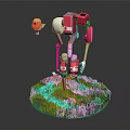 Pink White Robot With Orange Small Creature Standing On Green Grass Field 3d model