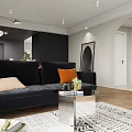 Modern Living Dining Room With Black Sofa TV Rug Bean Bag And Arched Doorway