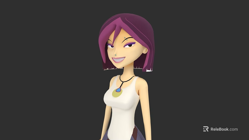 3D Model Woman With Purple Hair White Tank Top And Necklace Pendant 3d model 