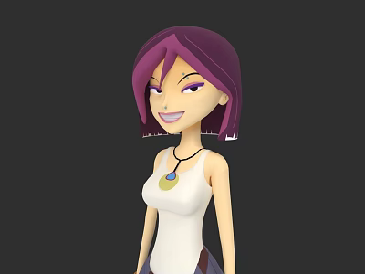 3D Model Woman With Purple Hair White Tank Top And Necklace Pendant 3d model