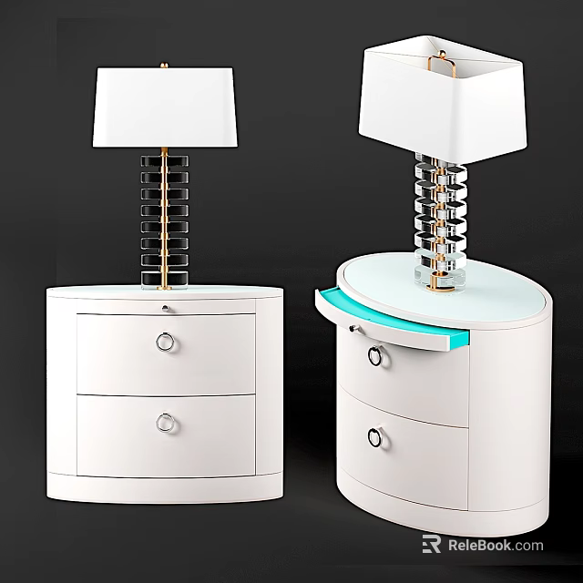 Pair of White Nightstand Dressers With Drawers Table Lamps Curved Design 3d model 