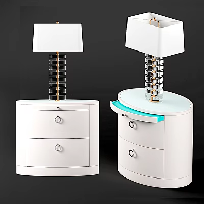 Pair of White Nightstand Dressers With Drawers Table Lamps Curved Design 3d model