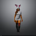 A Woman Wearing Rabbit Ears Headpiece And Gray Short Dress With Knee High Boots