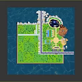 Colorful 3D Model Island Scene With Green Areas Buildings And Water