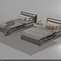 Two Single Beds with Brown Headboard Gray Bedding Pillows and Nightstand on Rug