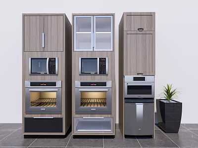 Modern Kitchen Cabinets with Built-in Microwaves Ovens and Appliances Near Plant 3d model
