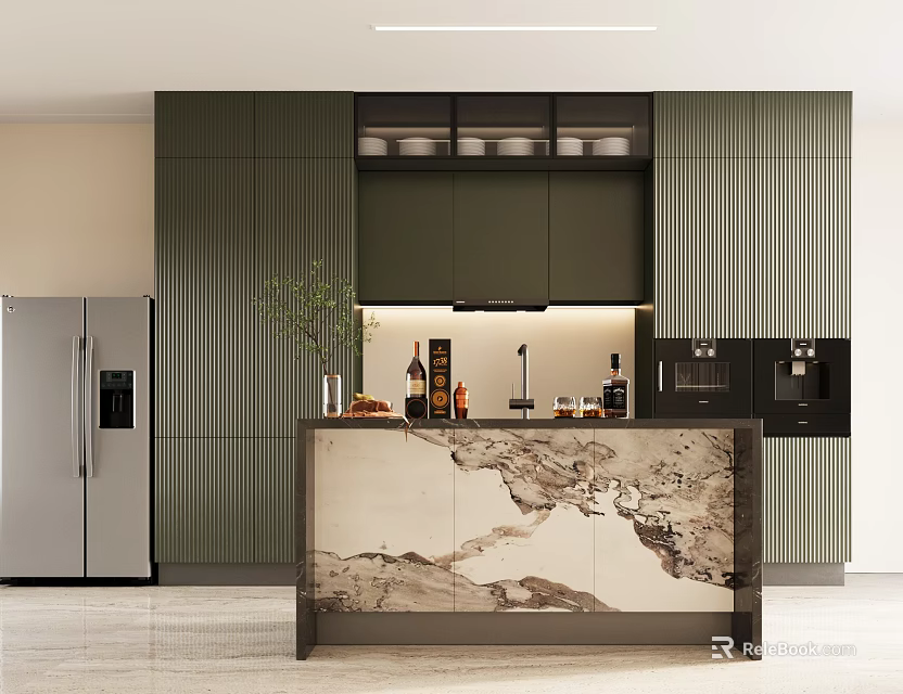 Modern Kitchen Interior With Green Cabinets Marble Island And Stainless Steel Refrigerator 3d model 