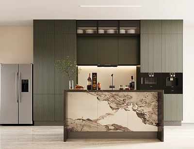 Modern Kitchen Interior With Green Cabinets Marble Island And Stainless Steel Refrigerator 3d model